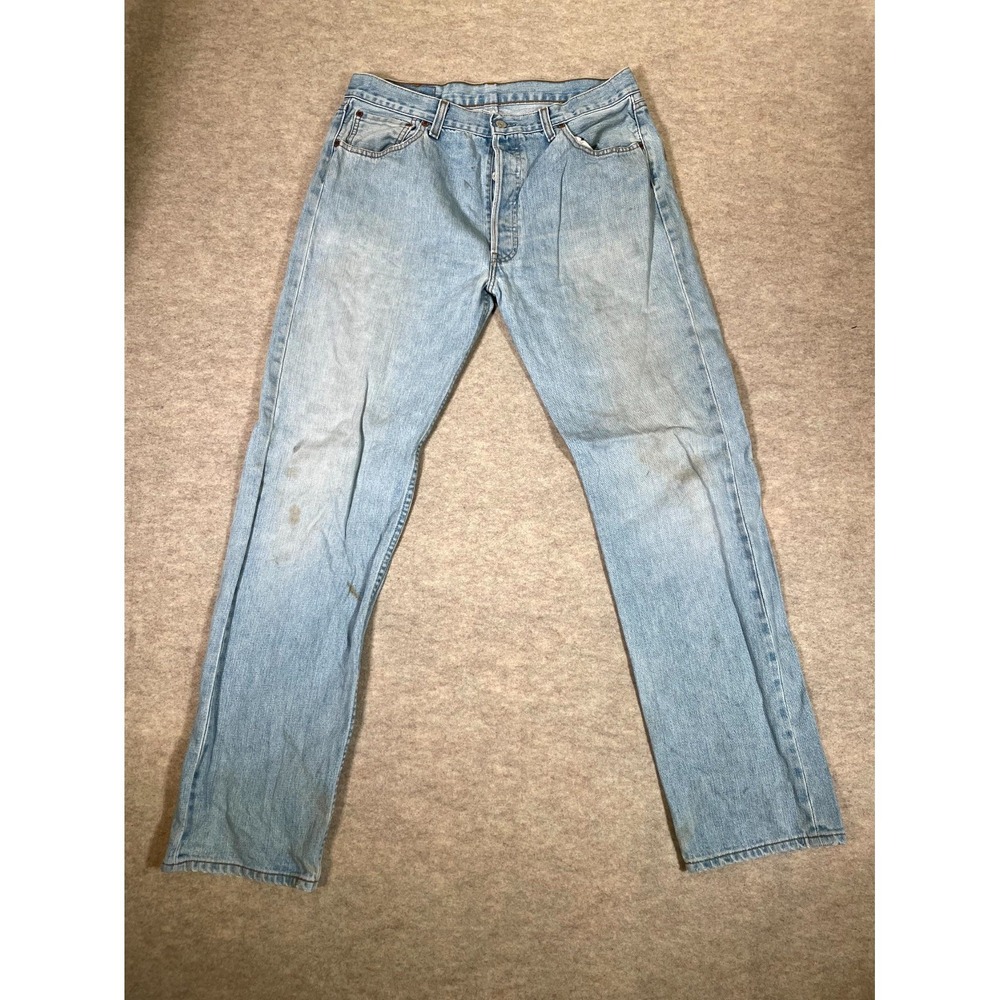 Levis 501 Jeans Mens 36x34 Blue Denim Light Wash Cotton Straight Leg Button Fly
